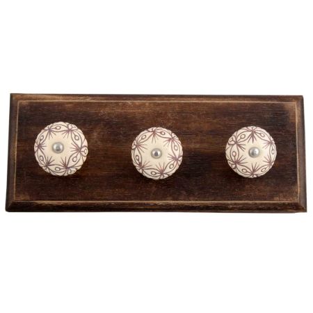 Cream Brown Floral Etched Ceramic Wooden Hooks